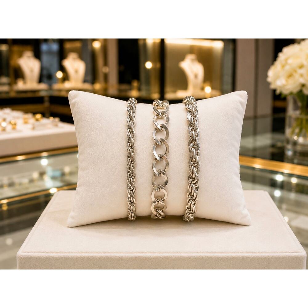 Lot of 3 Silver Tone Chain Bracelets 7.5" Rope Link & Oval Link Stackable